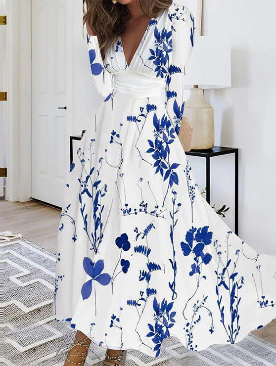Fall V-neck Long Sleeve Printed Women Dress Women