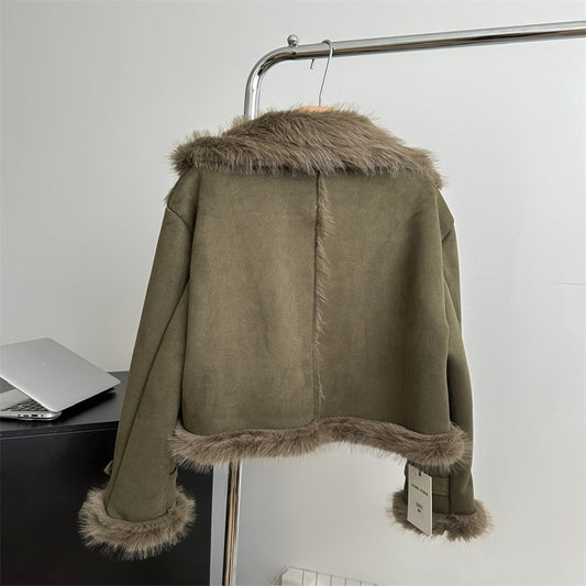 Lamb Wool One-piece Fur Motorcycle Coat Jacket Furry Coat Women