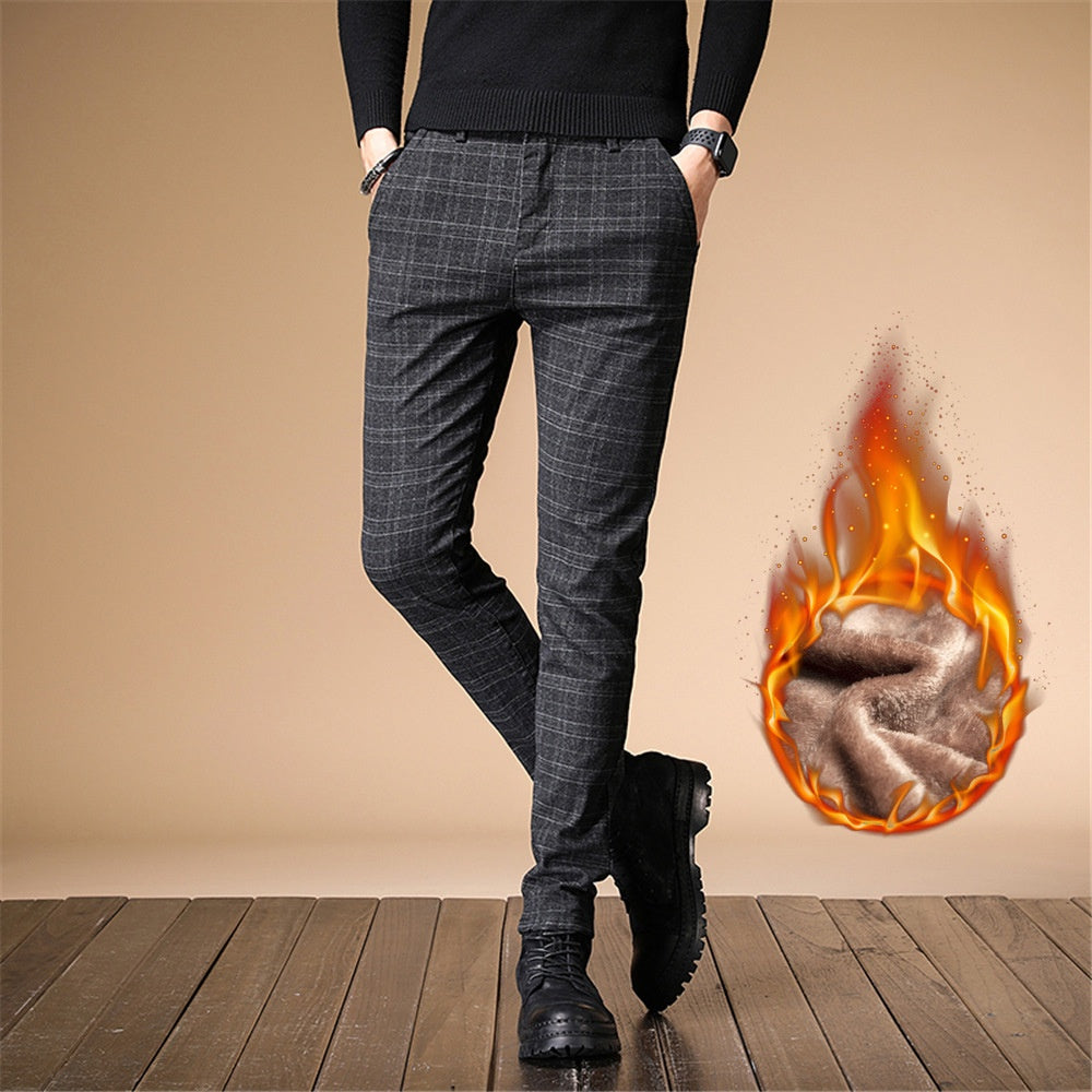 Plaid, Brushed Casual Pants Men Slim Fit Men's Pants Fleece-lined Thick Style Korean Winter Suit Pants Men One Piece Dropshipping
