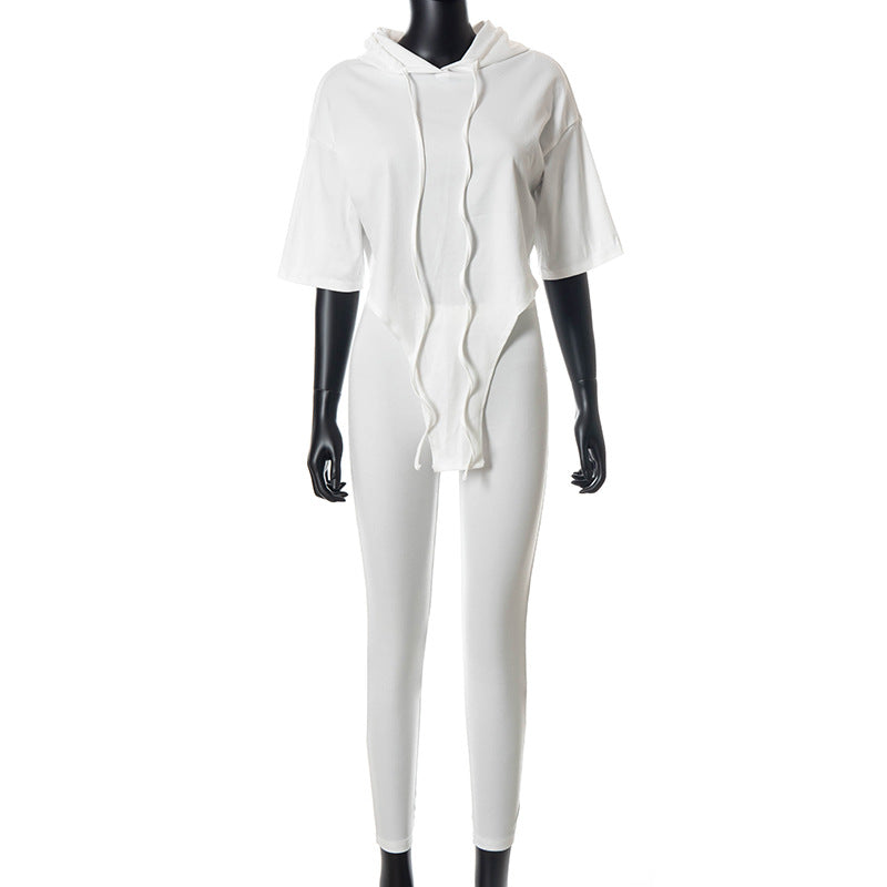 Solid Color Hooded Short-sleeved Slim Nine-point Pants Sweater Suit Women