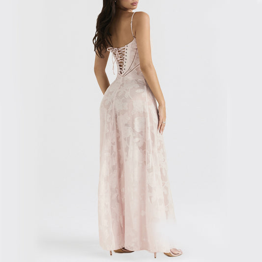 Sexy Flowers Lace Suspender Dress Summer Fashion Slim Back Lace-up Long Dresses Party Evening Club Clothing For Women