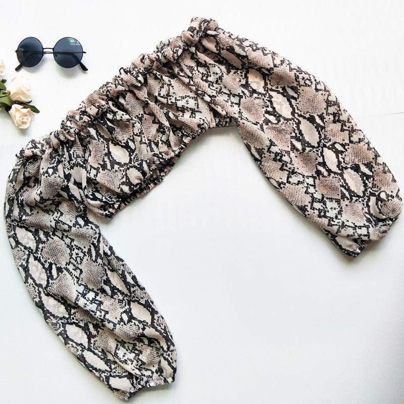 Sexy Long-sleeved Snake Print Chiffon Blouse Cropped Bra Blouse Top Women