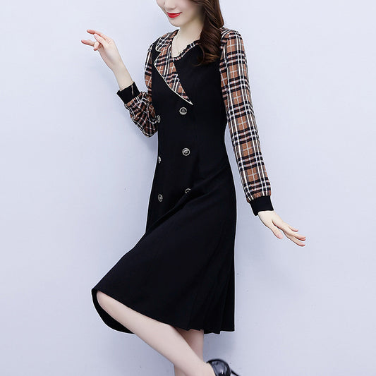 Dress Women"s Spring New Fashion Western Style Suit Collar Fat Mm Lattice Stitching Slim, Medium And Long