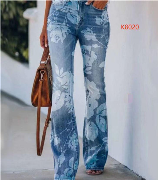 Plus Size Printed Denim Thin Casual Pants