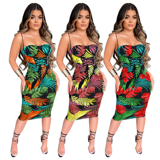 Kricesseen Sexy Print Leafs Tie Dye Bandage Midi Dress Women Strap