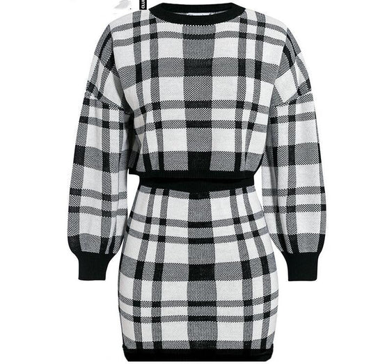 Short skirt suit plaid sweater bag hip skirt