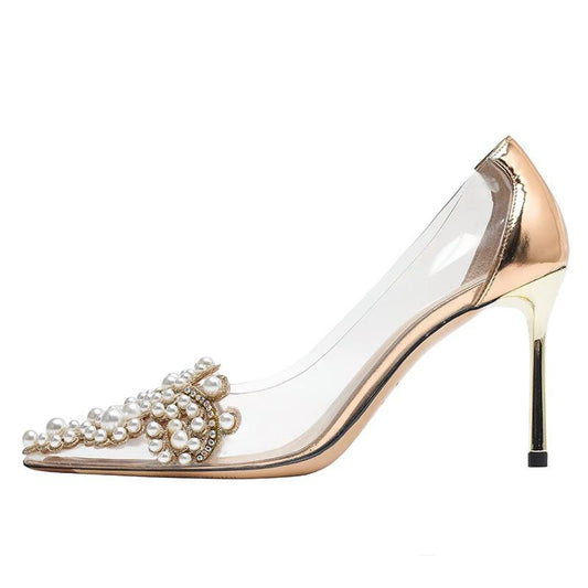 Women's Stiletto Pointed Pearl Transparent High Heel Pumps