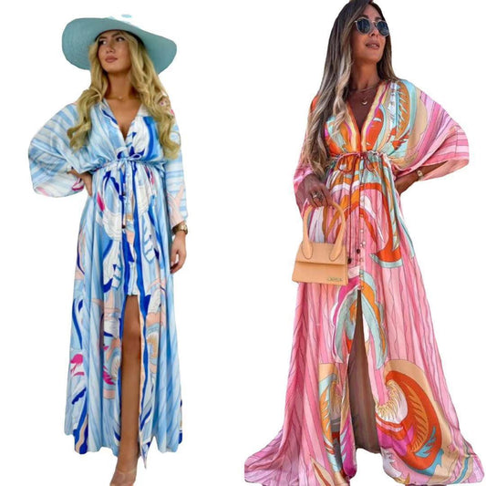 New women''s V-neck short sleeve printed long dress