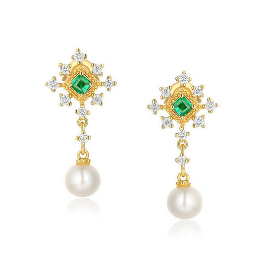 Light Luxury Niche Design Sterling Silver Pearl Earrings Emeralds
