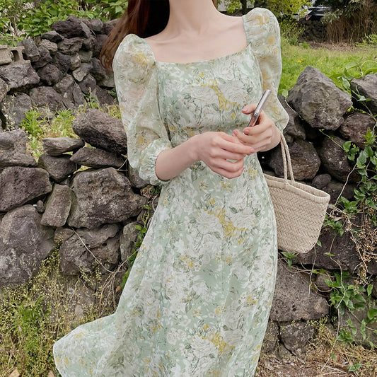 Tea Break Floral Chiffon Dress Women Long