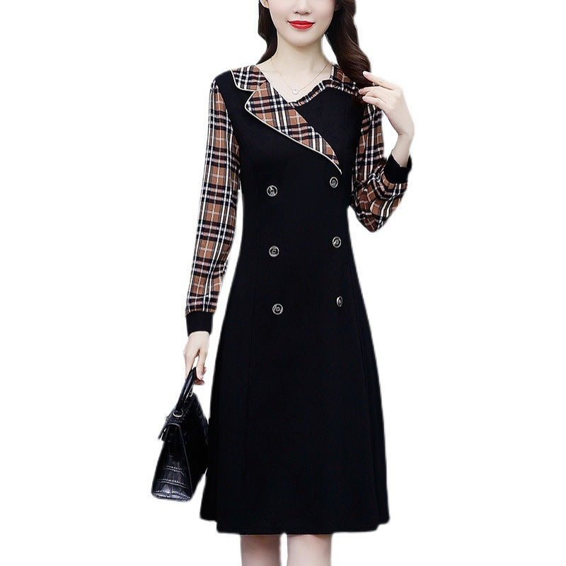 Dress Women"s Spring New Fashion Western Style Suit Collar Fat Mm Lattice Stitching Slim, Medium And Long