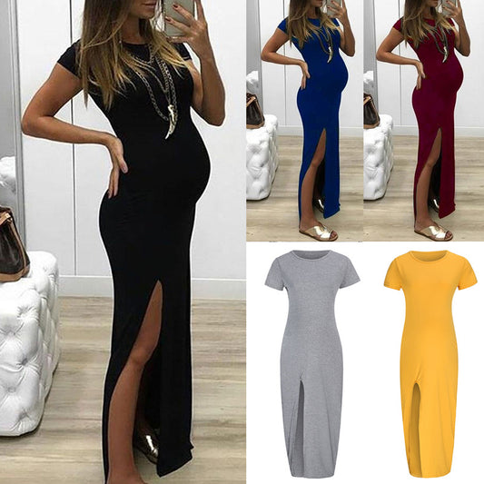 Retro Literary Women's Round Neck Short Sleeved Slit Maternity Comfortable Dress
