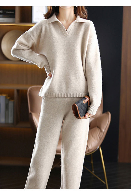 Suit Women Loose Lapel Sweater Wide Leg Pants Fashion Knitted Two-piece Trend