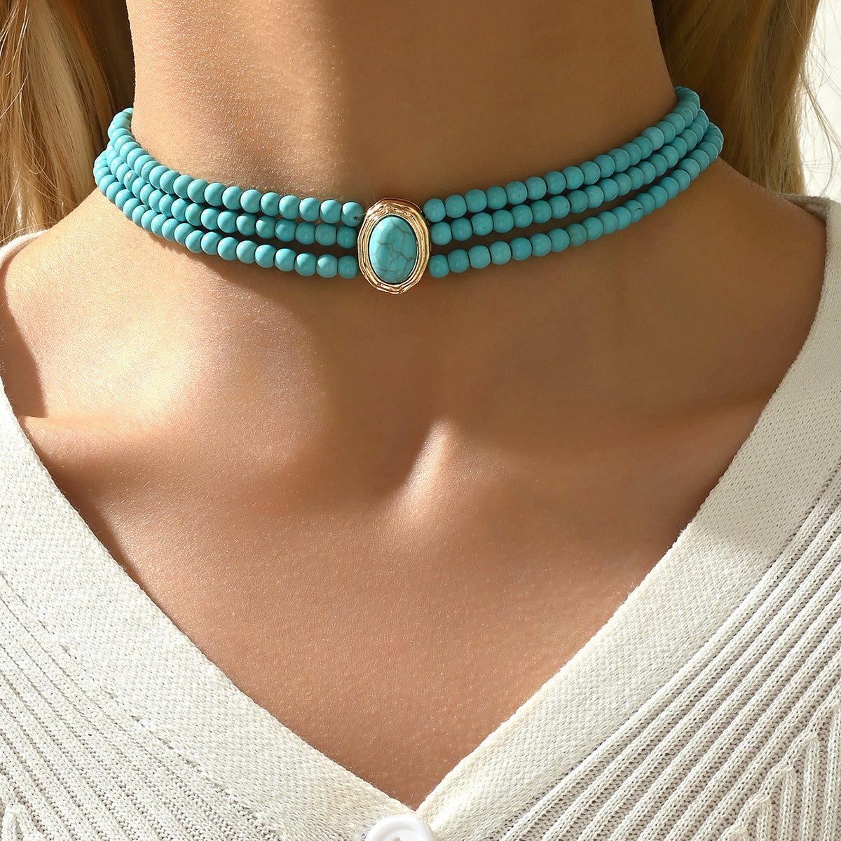 Geometric Multi-Layer Handwoven Turquoise Clavicle Necklace For Women