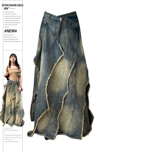 Plus Size Retro Y2K Irregular Lamination Cross Denim Long Skirts Female