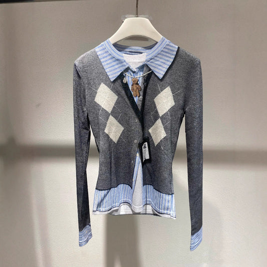 Diamond Patterned Long Sleeve Blouse For Women