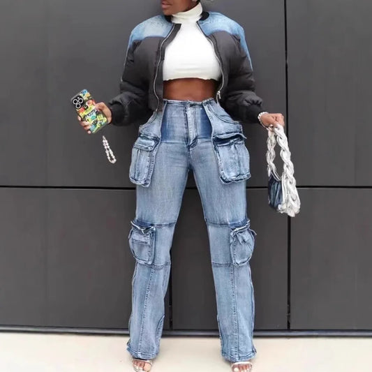 BH1406 Hot Sale Casual Denim Jeans Pants Fashionable Multi-Flap Patchwork Design Mid Waist Straight Style Breathable for Summer