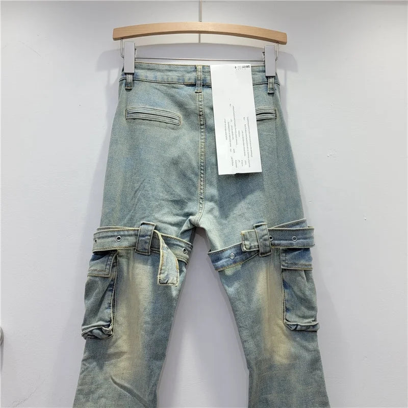 OUDINA Customize New American Multi Pocket Design High-waist Slim Straight Leg Jeans Women's Pants