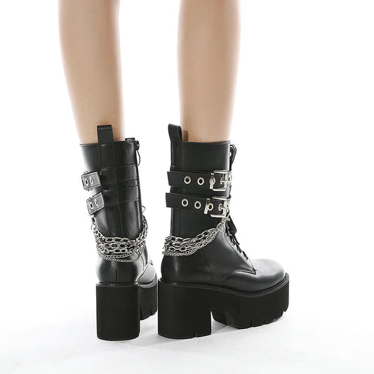 High Quality Leather Gothic Black Boots Women Heel Sexy Chain Chunky Heel Platform Boots Female Punk Style Ankle Boots Zipper