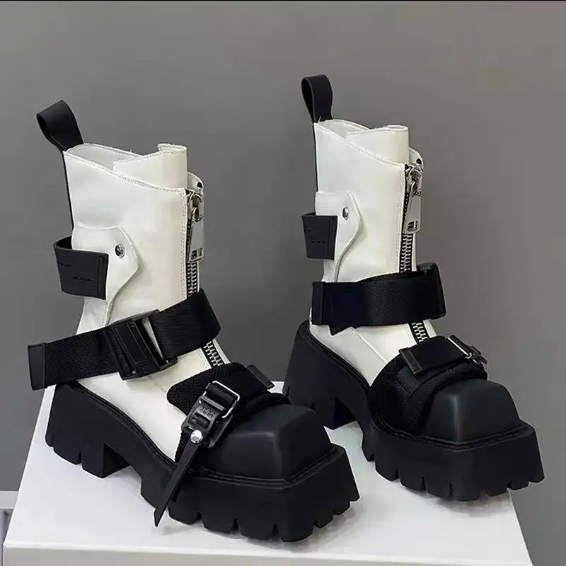 Women Top Layer Cowhide Female Square Toe Western Front Zipper Color Matching Thick Bottom Belt Buckle Booties Chelsea