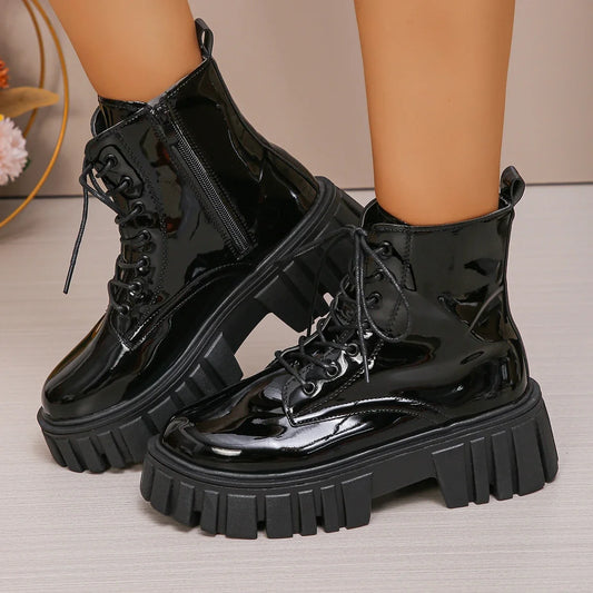 Chunky Platform Combat Boots for Women Fashion Black Patent Leather Ankle Boots Woman Thick Sole Non Slip Motorcycle Botas Mujer