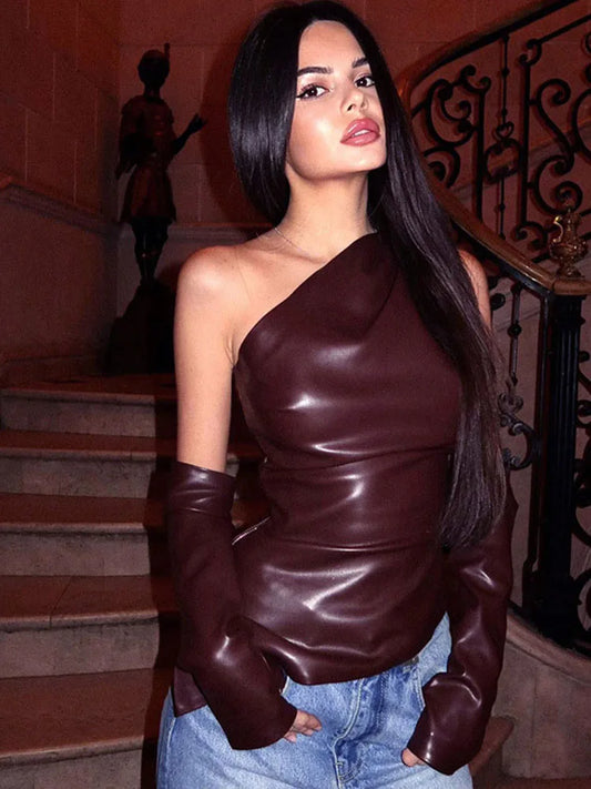 Sexy Shoulder waist Women's tops Leather vest with sleeves irregular hem vest women's clothing