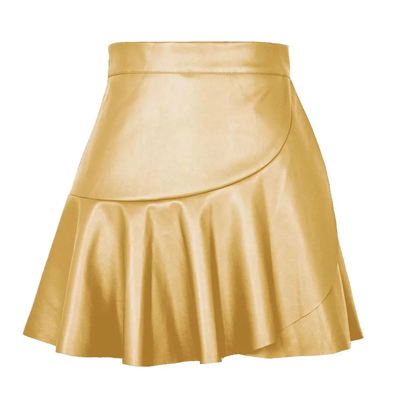Faux Leather Women Skirts Elastic High Waist Ruffles Spliced Pleated Short Skirt Female Sexy Nightclub PU Leather Mini Skirt