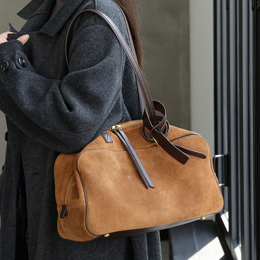 Women's Cow Genuine Leather Tote Bag suede commuting Cowhide Handbags Large Capacity Designer Luxury velvet Bags