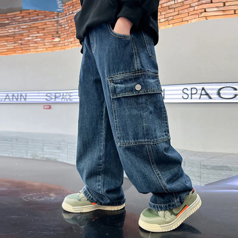Teen Boys Jeans New Spring Autumn Pants Children's Straight Trousers Teenager Wide-legged Cargo Pants Kids Loose Clothes