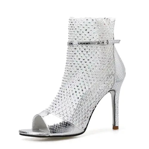 Ngouxm Women Hollow Mesh Rhinestone Stiletto Sandals Summer Classic Open Toe Evening Ankle Strap Mesh Gladiator Sexy High Heels