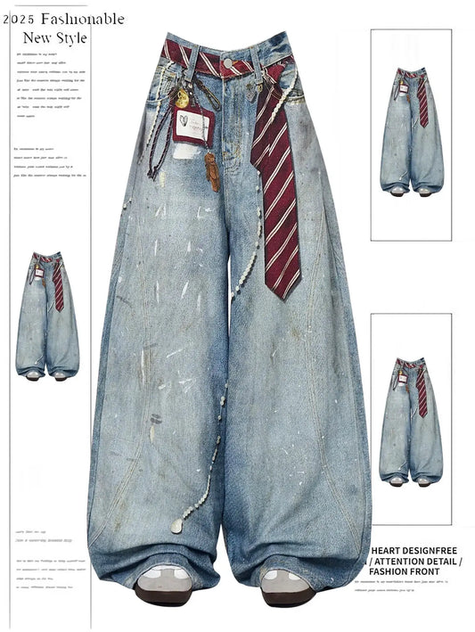 Fashion Y2K Baggy Pants Women's Cartoon Embroidery Loose Wide Leg Jeans Streetwear Aesthetic Casual Trousers