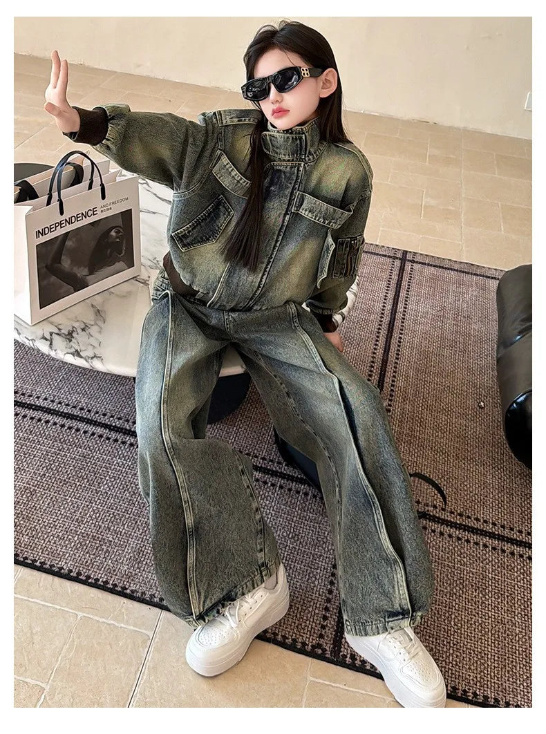 American Retro Denim Set for Girls 2026 Spring New Style Buttoned Collar Coat and Floor-Length Pants Set 5-13Y