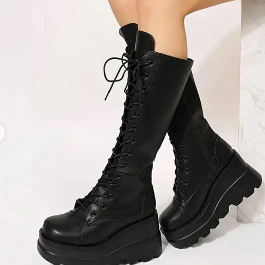 DoraTasia Black Gothic Fashion Round Toe Side Zipper Lace Up Women's Mid Calf Boots New INS Christmas Street Party Shoes Woman43
