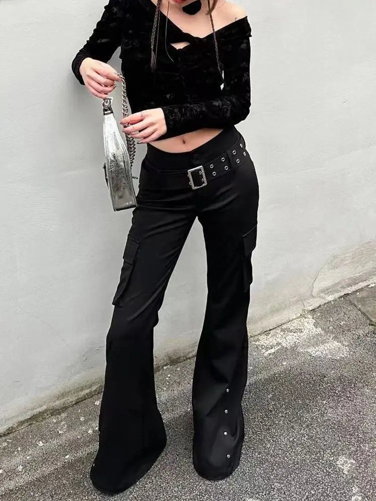 Retro new pure black rivet design belt decorative slim pants for women y2k Harajuku Goth low-waisted flared pants