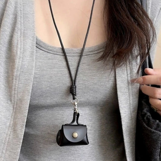 New 2026 Women's Cute Small Leather Bag Pendent Long Necklace Korean Style Fashion Accessories Vintage Versatile Long Lanyard Chain