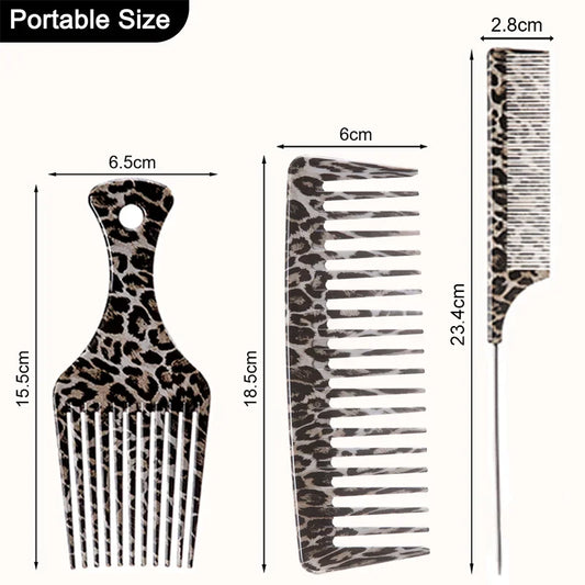 1/2/3pcs Leopard Print Comb Set Anti-Static Wide Teeth Afro Braid Fork Comb Rat Tail Curly Hair Styling Tools