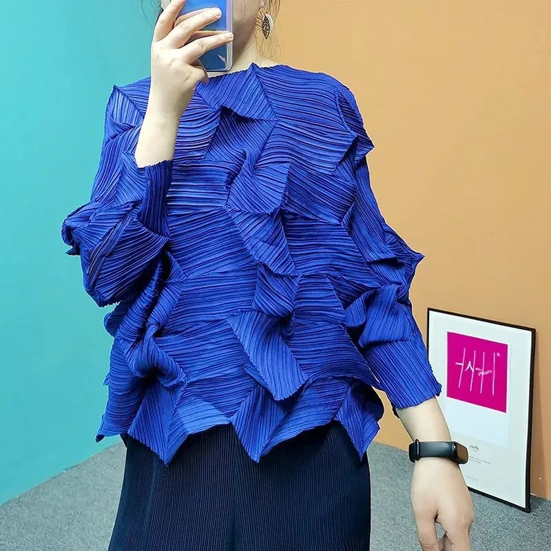 Diamond Pleated Top 8161 Artistic Raglan Sleeve Crew Neck T-Shirt Spring Summer Fashionable Pleated Des