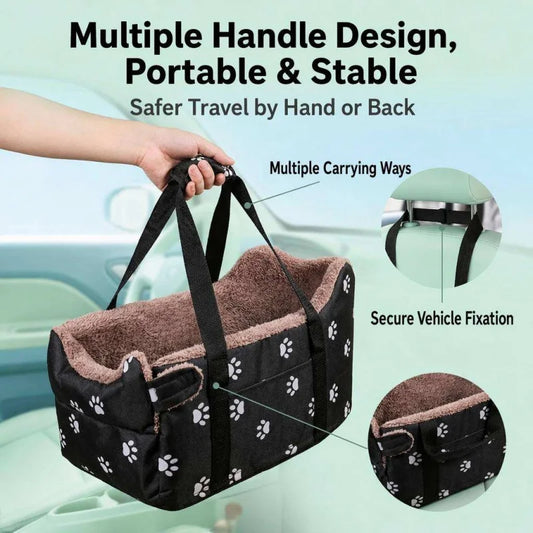 Portable Pet Car Carrier Center Console Dog Seat Safety Seat for Small Dogs Cats Paw Print Design Pet Bed for Car Travel