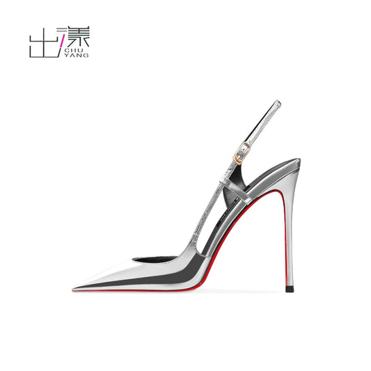 Silver patent leather one-piece buckle high-heeled sandals with pointed edges and slim heels, stylish and stylish rear sole