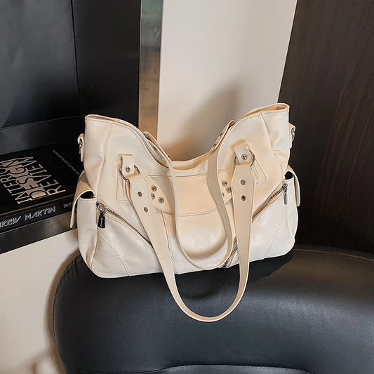 PU Solid Color Rivet Zipper Casual Tote 2026 High Quality Light Luxury Versatile Bags Motorcycle Style Fashion Cool Shoulder Bag