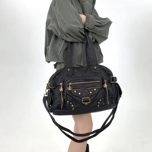 Y2K retro multi pocket rivet women's tote bag, large capacity personalized street crossbody shoulder bag