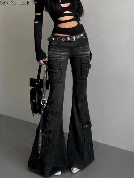 Retro Multi Pocket Y2K Flared Pants Women's Black Low Waisted Denim Cargo Jeans Gothic Stretch Slim Spicy Girl Workwear Trousers