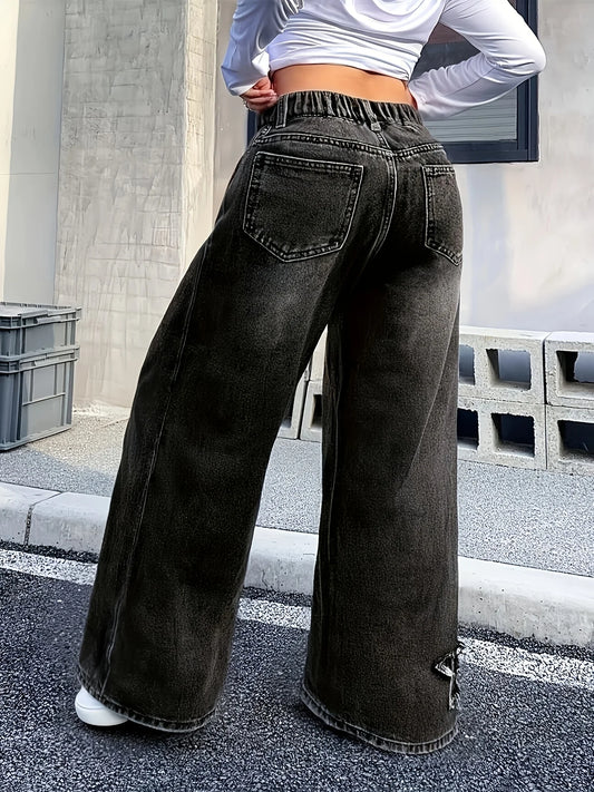 Girls Y2K Washed Fabric Five-Star Pattern Patchwork Denim Straight-Leg Pants Versatile Trendy All-Seasons.Full elastic waistband