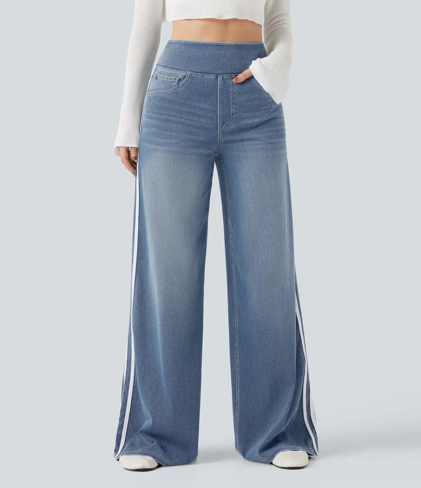 Retro Washed Blue Side Stripe Jeans Women's Y2K High Street Loose Wide Leg Pants Casual Comfortable High Waist Denim Jeans