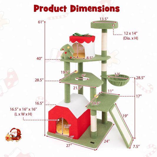 61" Tall Christmas Cat Tree w/ Sisal Scratching Posts Plush Perch & 2 Condos