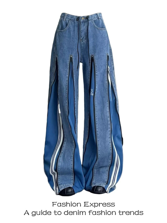 Trendy Color Block High Waist Wide Leg Jeans Women's New 2026 Zipper Pants Autumn Small Design Casual Comfortable Fit