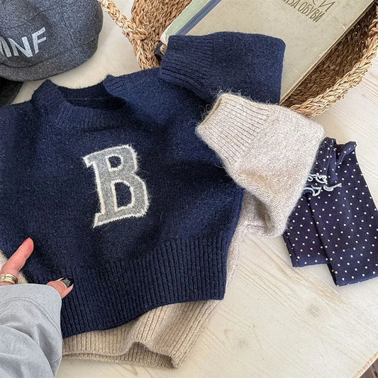 LILIGIRL New Winter Kids Sweater Cute Letter Korean Girls Knitted Pullover Loose Simple Children Outwear Tops 1-6T