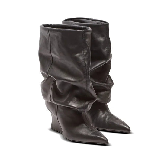 Autumn and Winter Pointed, Thick Soled, High-heeled Boots, Knee High Boots, Pleated Pile Party, Large Women's Short Boots