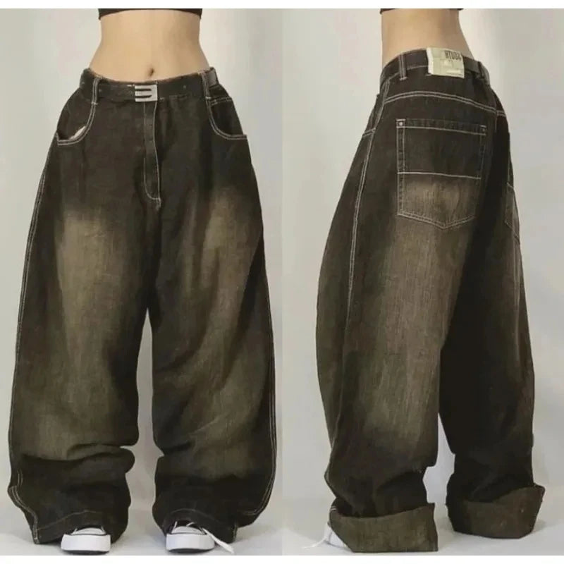 American New Fashion Patch Baggy Casual Jeans For Men And Women Y2K High Street Harajuku High Waist Wide Leg Denim Trousers