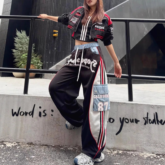 European Style Casual Pants for Women 2026 Spring Summer New Large Pocket Letter Print Embroidery Patchwork Denim Trousers Trendy